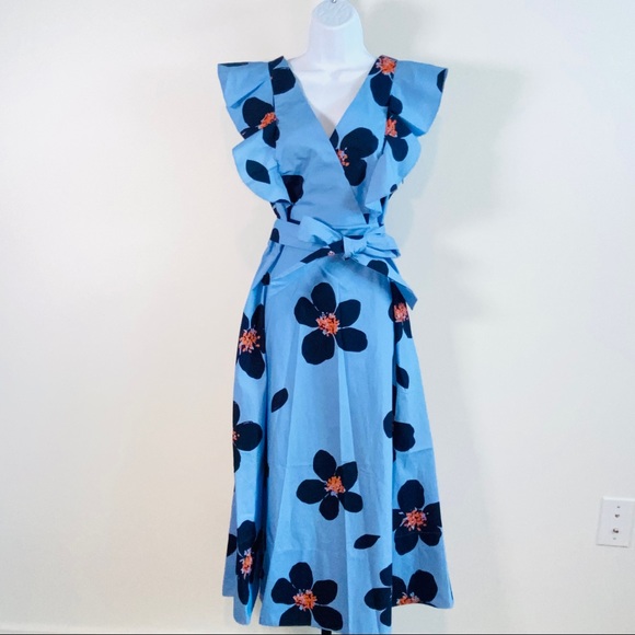 Kate Spade Tea Garden Blue & Orange Floral Print Cotton Midi Dress - Picture 2 of 13
